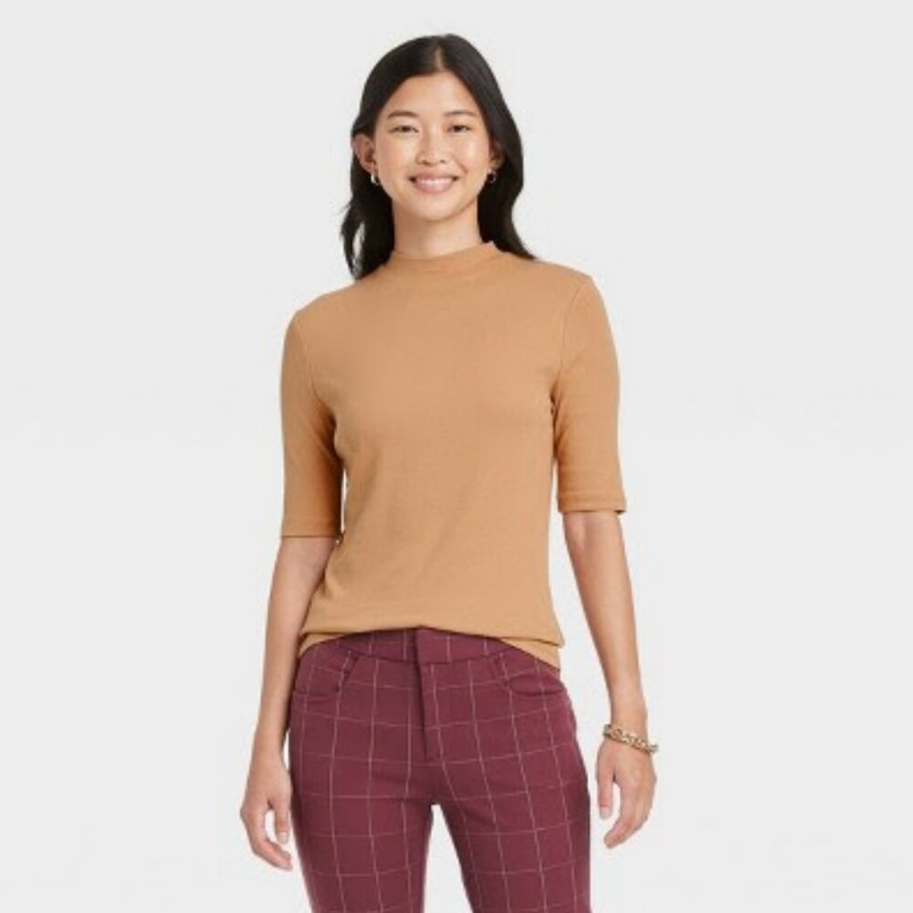 Elbow Sleeve Mock Turtleneck T- Shirt - A New Day™ - Tan - NWT